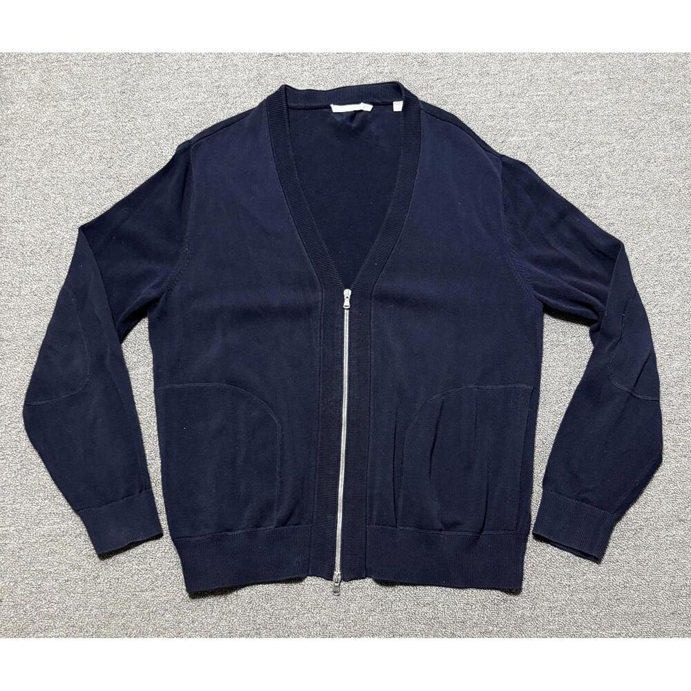 Vince Men’s L Zip Up V-Neck Cardigan Navy Blue Pockets 100% Cotton Preppy
